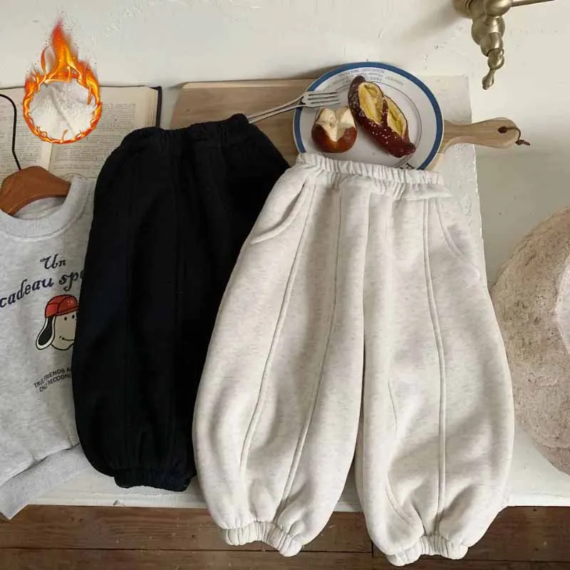 

Kids Warm Sweatpants Winter Padded Pants Boys' Solid Lining Fleece Thick Sports Trousers Girls' Loose Casual Pants 2-8 Years Old