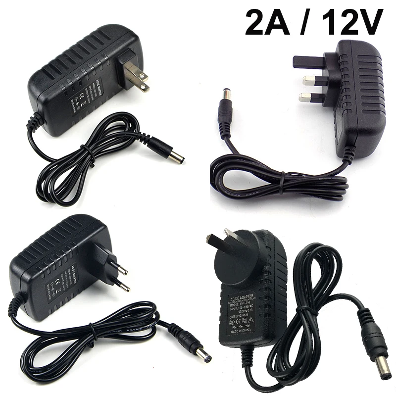 Full Power 12V 2A Power Supply Adapter US EU AU UK Plug in AC/DC Converter 100-240V AC to DC 12V 24W 2000mA Charger For CCTV LED