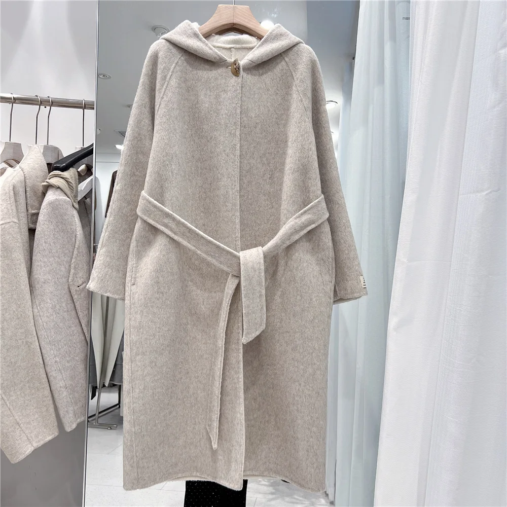 

SuperAen Autumn and Winter New Double-sided Color Matching Cashmere Coat Women Korean Style Vintage Hooded Loose Casual Coats