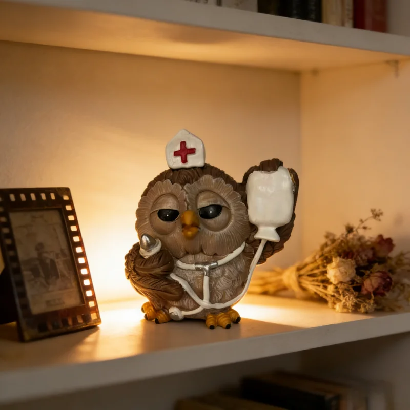 Owl Nurse with Syringe & Stethoscope Resin Ornament, Whimsical Healthcare Style Home Decor