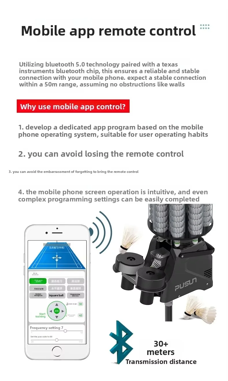 เครื่องยิงลูกแบดมินตัน PUSUN PB 6001 PRO คุณภาพสูง รองรับลูกได้มากกว่า 180 ลูก ควบคุมการฝึกซ้อมผ่านแอปพลิเคชัน