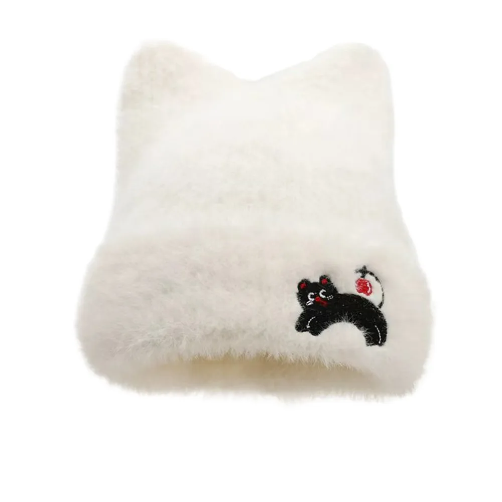 

Повседневная теплая шапка с милыми кошачьими ушками, утолщенная теплая шерстяная вязаная шапка с защитой ушей, ветрозащитная зимняя шапка для женщин