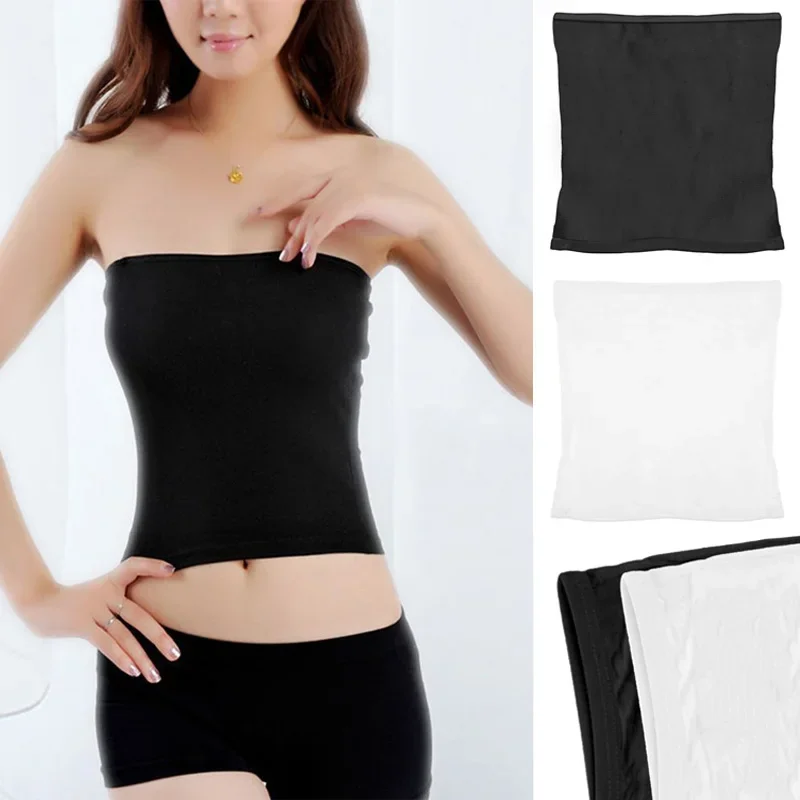 ผู้หญิงแฟชั่น Basic Layering ยืด Strapless ธรรมดา Strapless Tube Top Seamless Tee สุภาพสตรีห่อชุดชั้นในหน้าอก