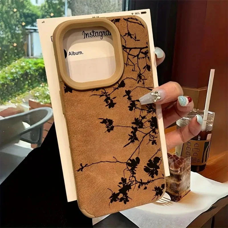 Fashion Black Flower Faux Leather Phone Case For iPhone 16 15 14 13 12 11 Pro XS Max XR X 15 Plus 16 Pro Max Matte Back Cover