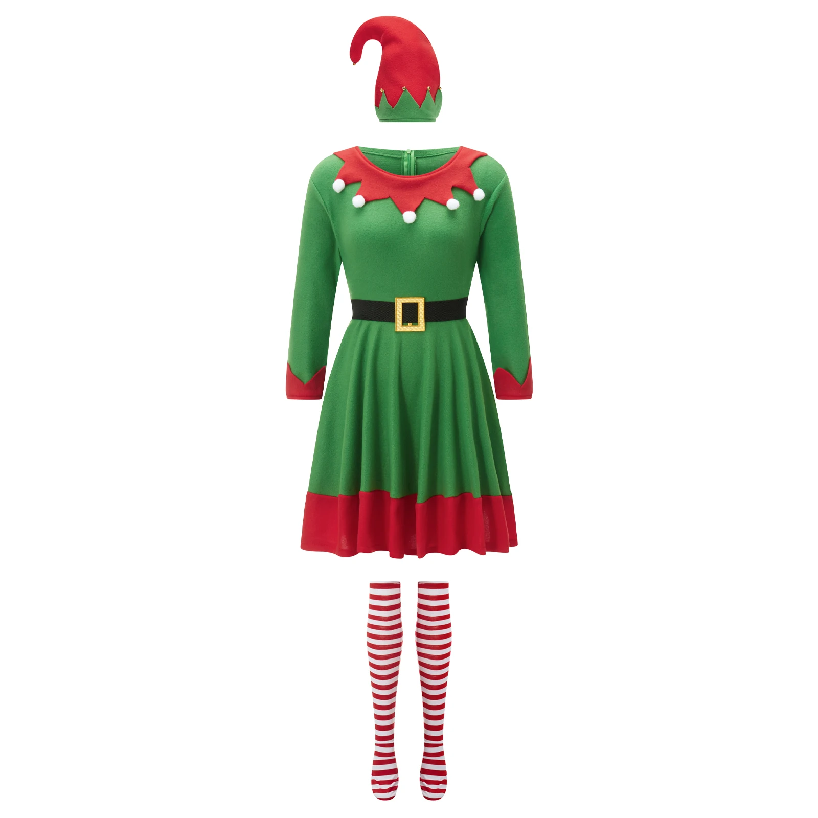 Women Christmas Elf Costumes Dresses with Belt Striped Stockings and Hats Set for Cosplay Role-Playing Party Outfits