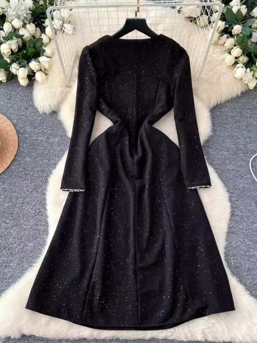 TWOTWINSTYLE New Patchwork Diamonds Slimming Dresses For Women O Neck Long Sleeve High Waist Temperament Dress Female KDR523874