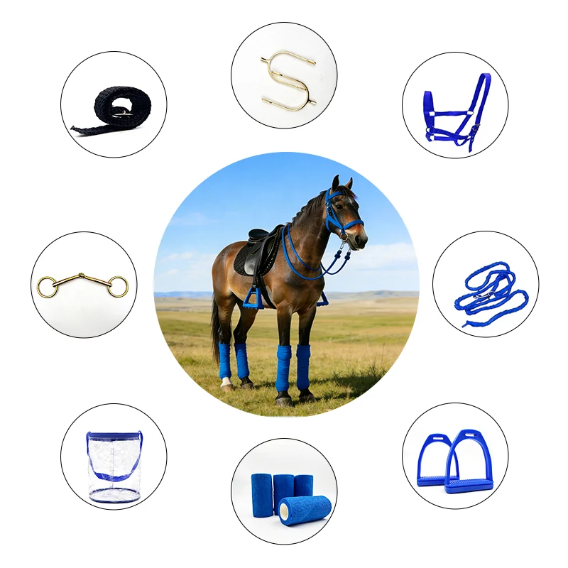 

8 Pcs Pro Horse Tack 8Pcs Set – Bridle, Bit, Spurs, Stirrups, Leg Wraps, Lead Rope, Storage Bag, 3 Colors, Riding Training Gear