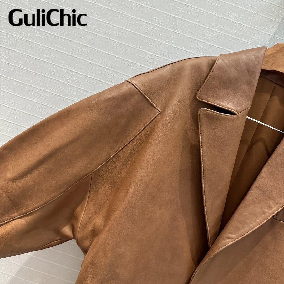 7.20 GuliChic Vintage Genuinr Leather Blazer For Women Turn-Down Collar Single Button Loose Temperament Jacket Coat