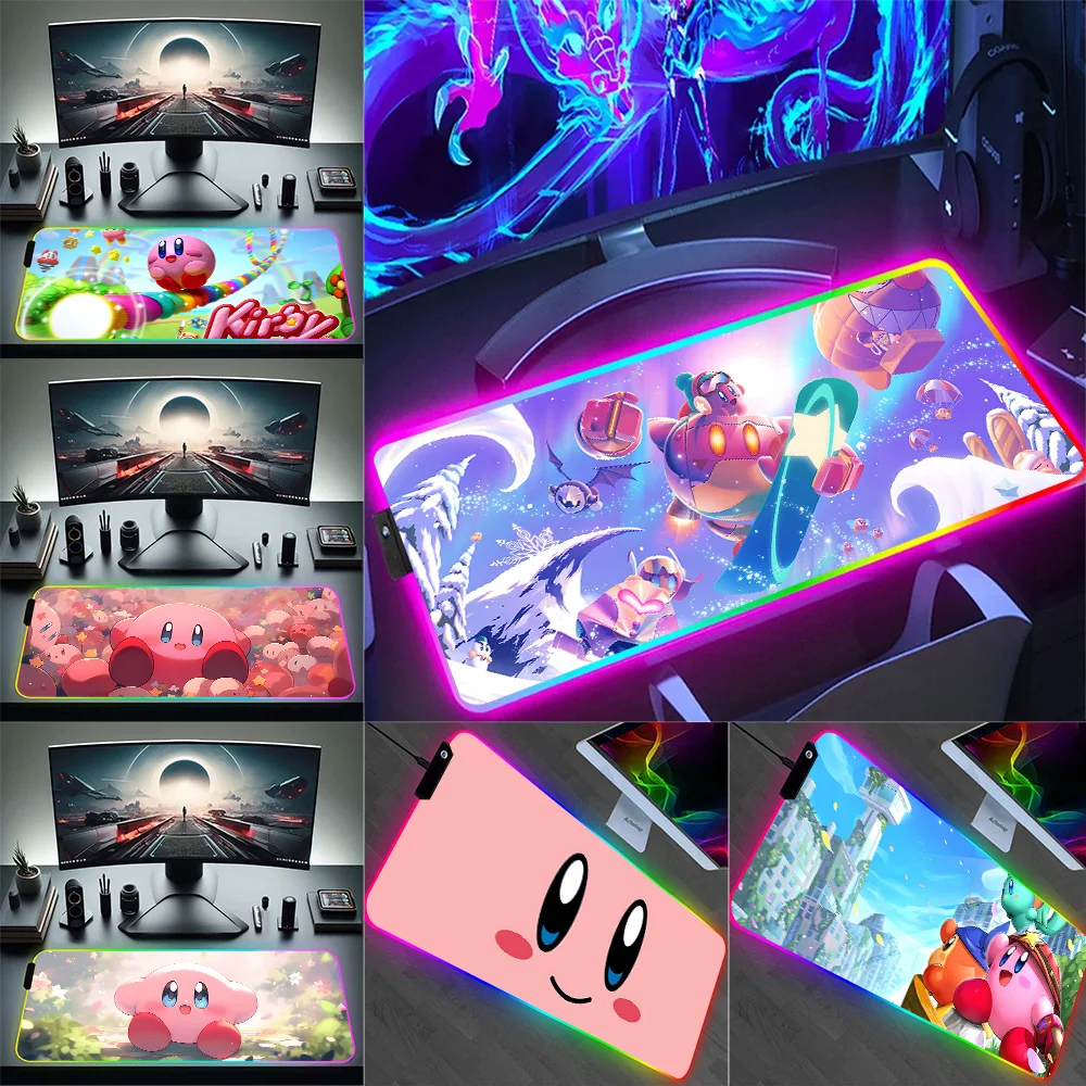 RGB Pc Gamer Keyboard Mouse Pad Mousepad Cute anime pink Kirbys LED Glowing Mouse Mats Rubber Gaming Computer Mausepad