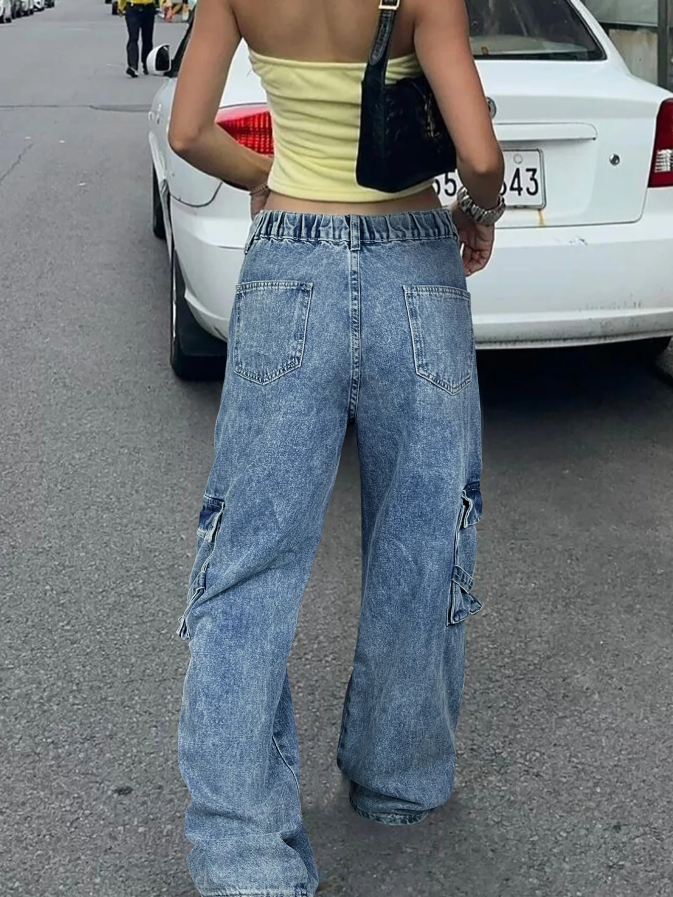 Clamshell pocket overalls, baggy version of inelastic striped side pocket loops with Y2K and Kpop style straight leg jeans