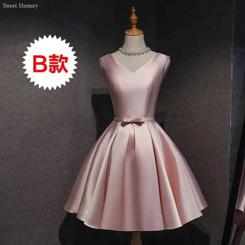 A69 Sweet Memory Pink Prom Dresses Girl Satin Short Gown Knee Length Cocktail Dress Female Wedding Party Dress