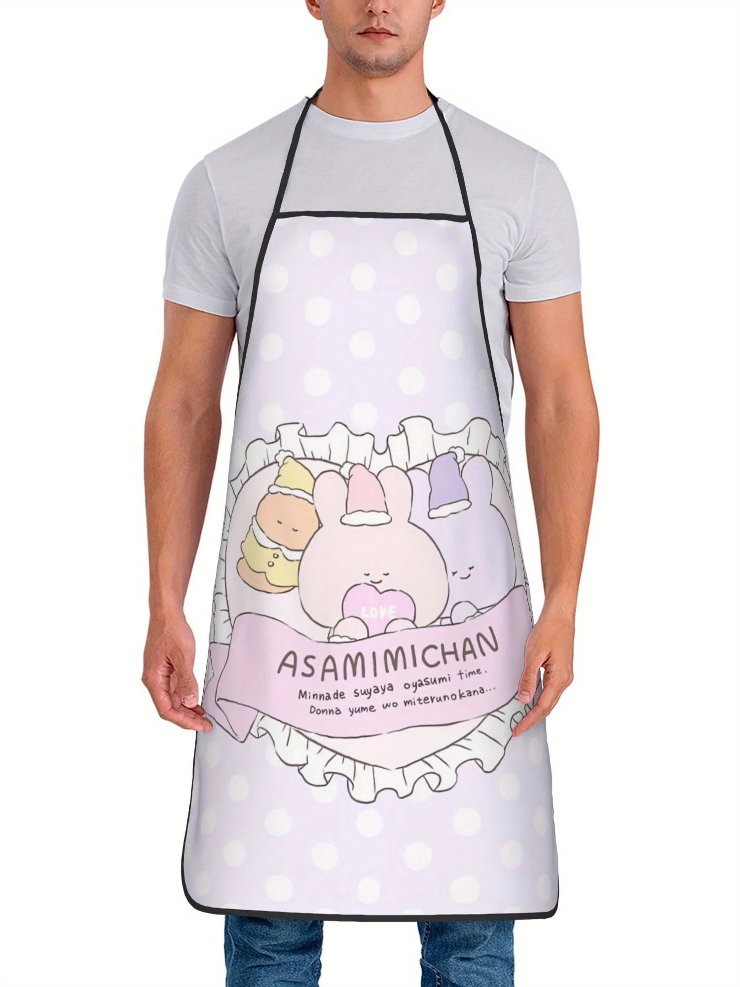 Lovely Sleep Cartoon Rabbit Heart Ribbon Dot Art Printed Oilproof Apron Men Women Cooking Barbecue Baker Cute Anime Surprise