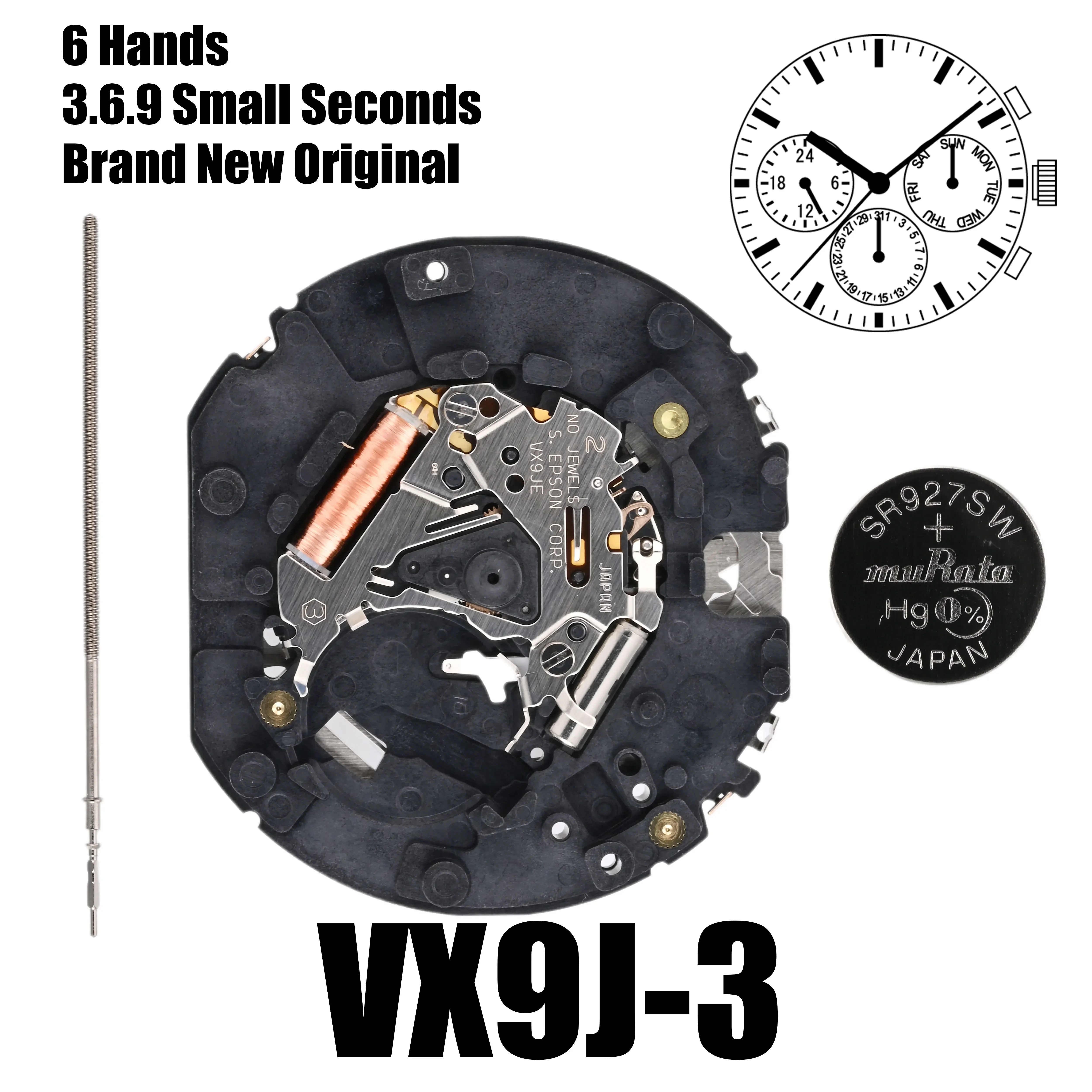 VX9J Movement Epson VX9JE | VX9 Series  Quartz Movement Six Hands 3.6.9 Small Seconds Size:12 3/4'''  Day / Date / 24 Hour