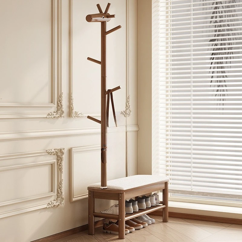 Solid wood shoe change stool, coat rack integrated, cute cream wind stool, light luxury and advanced sense