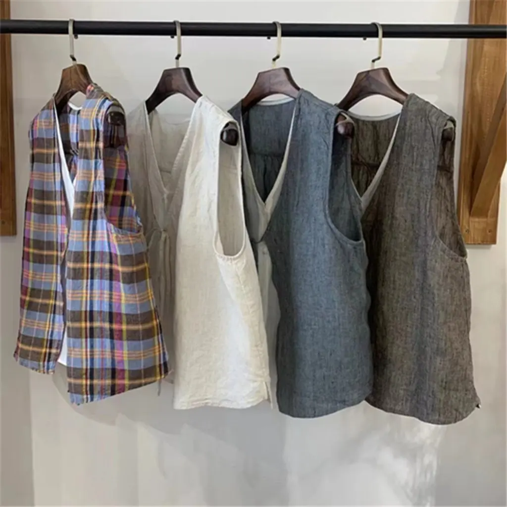

Women's Japanese Style Linen Vest Fake Two-Piece Lace-Up Single-Breasted Sleeveless Top Artistic All-Match Summer Fashion