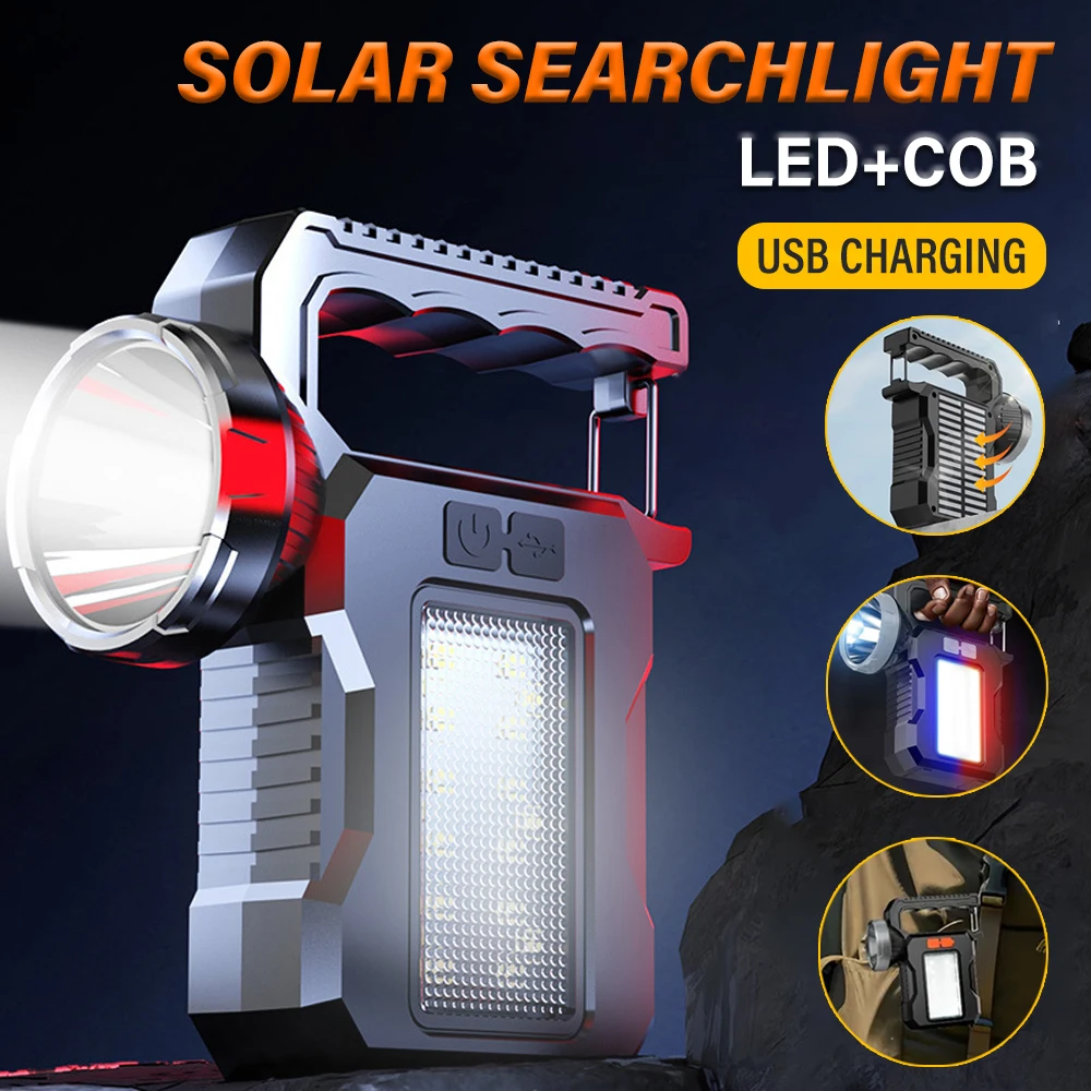 F2 Rechargeable Solar Searchlight Portable Flashlight with Metal Locking Clip for Hanging LED Searchlights and Side Lights