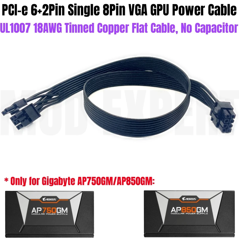 PCI-e 6+2Pin 8Pin VGA GPU Power Cable for Gigabyte AORUS P750W AP750GM, P850W AP850GM Gold Modular Power Supply 18AWG Flat Cable