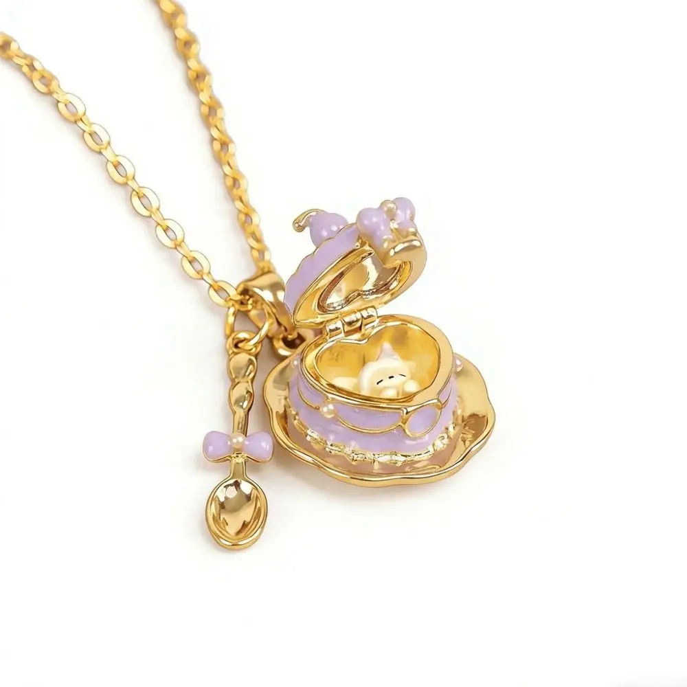 Metal Chain Teaspoon Pendant Necklace Opening and Closing Lid Copper Animal Pendant Choker Charm Retro Heart Enamel Necklace