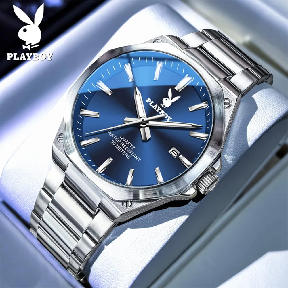 PLAYBOY Men's Watches Featured Rhombus Case Solid Stainless Steel Strap Waterproof Watch Simplicity Luxury Original Quartz Watch