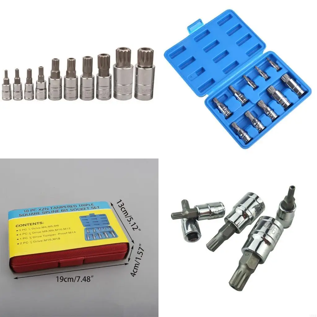 Socket Adapter 10 Pcs XZN 12 Point Triple Square Spline Bit Socket Set Tamper