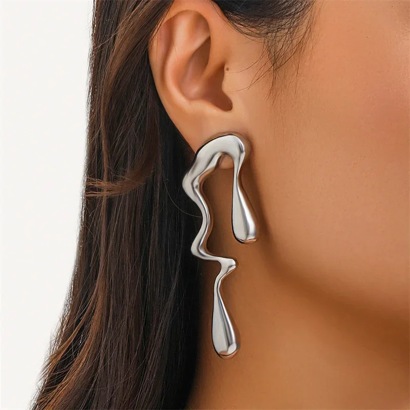 Creative Metal Irregular Water Drops Stud Earrings for Women Vintage Gold Color Geometric Long Earrings Jewelry Gifts