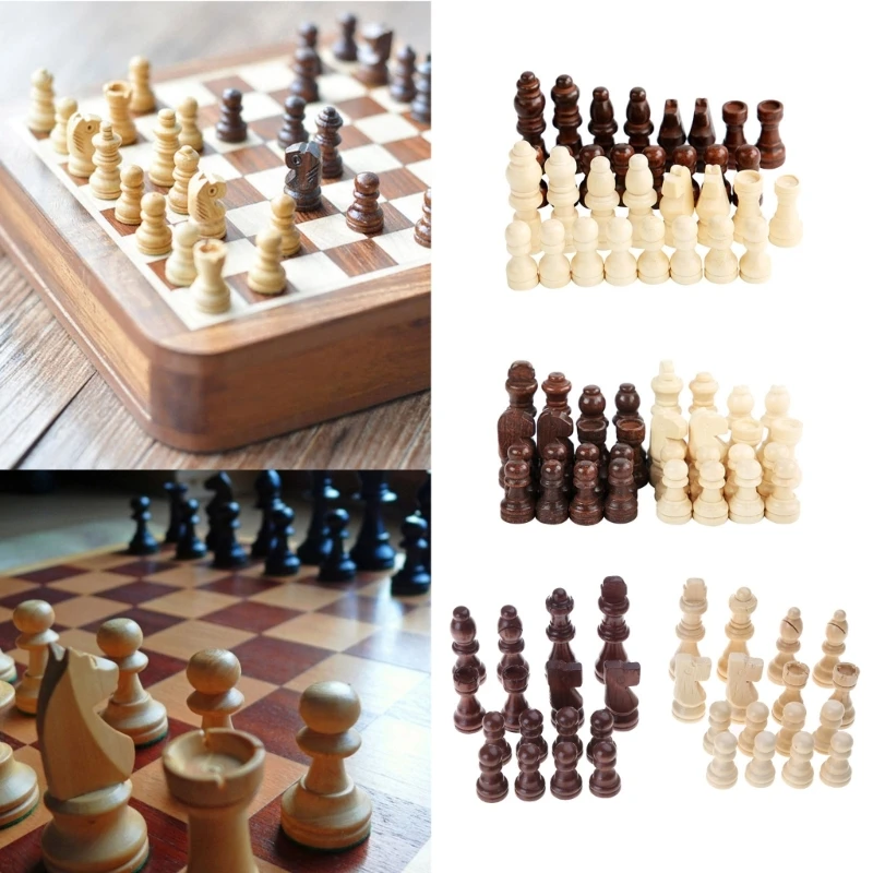 32 Pcs Wooden Chess Pieces Portable International Chess Pieces Tournament Chess Figures Hand Carved Chessmen for Adult Kids