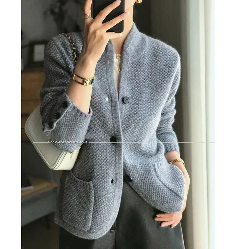 Cardigan europeu de lã de caxemira pura para mulheres, gola alta, suéter engrossado, roupa íntima de malha solta, novo outono e inverno