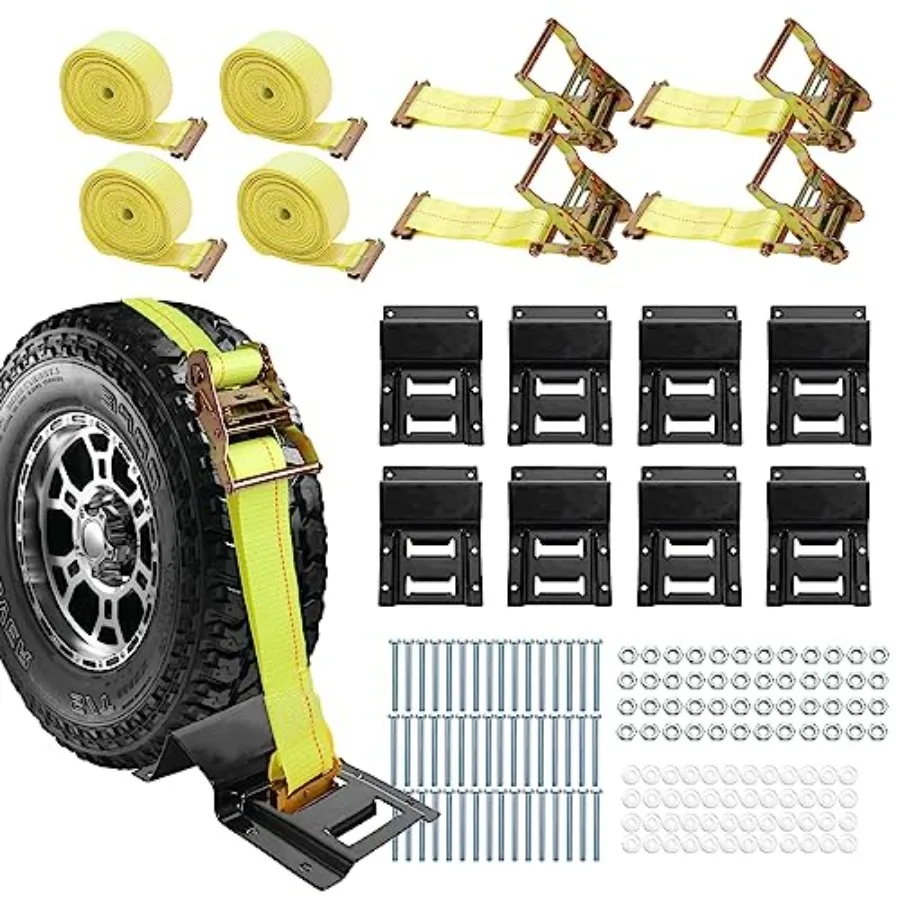 

1500LBS Wheel Chock Tie Down Kit for Trailer and Pickup Trucks - ATV RZR Lawn Mower UTV Tie Down Straps -Heavy Duty Trailer Tir
