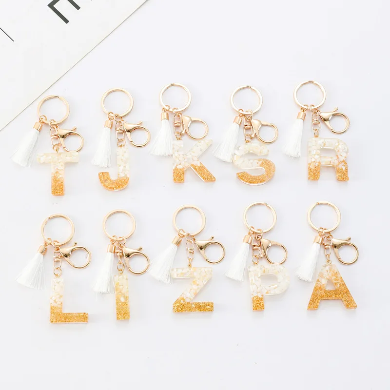 White Tassel Resin Keychain Crystal Epoxy Gold Foil Stone Keyring Fashion Bag Charm Jewelry Pendant for Women Daily Gift