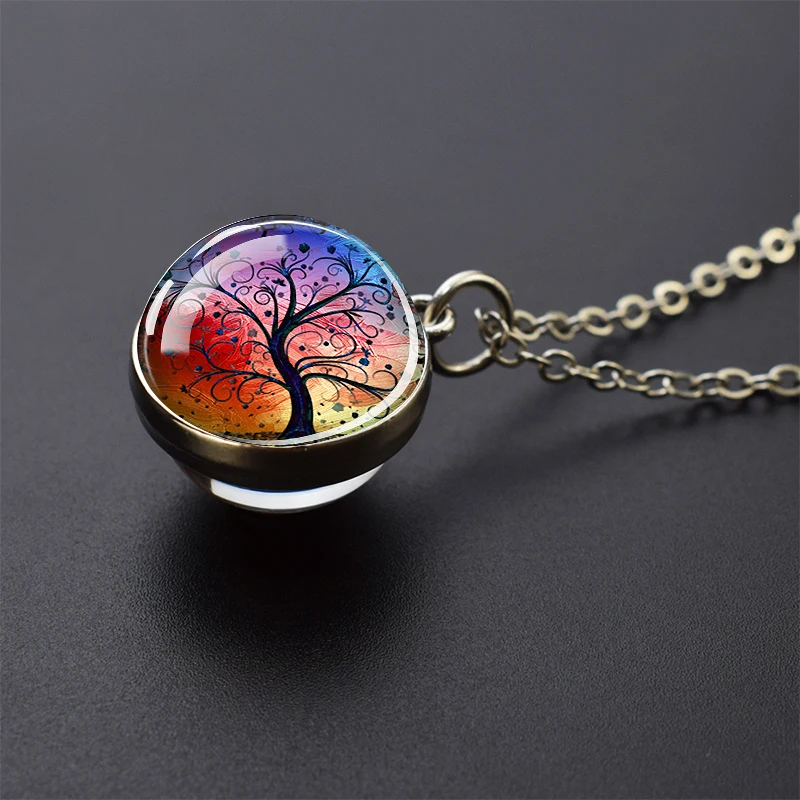 شجرة الحياة الفضة قلادة ملونة شجرة الحياة صورة فنية كرة زجاجية قلادة قلادة مجوهرات الأزياء الرجال النساء هدية #6