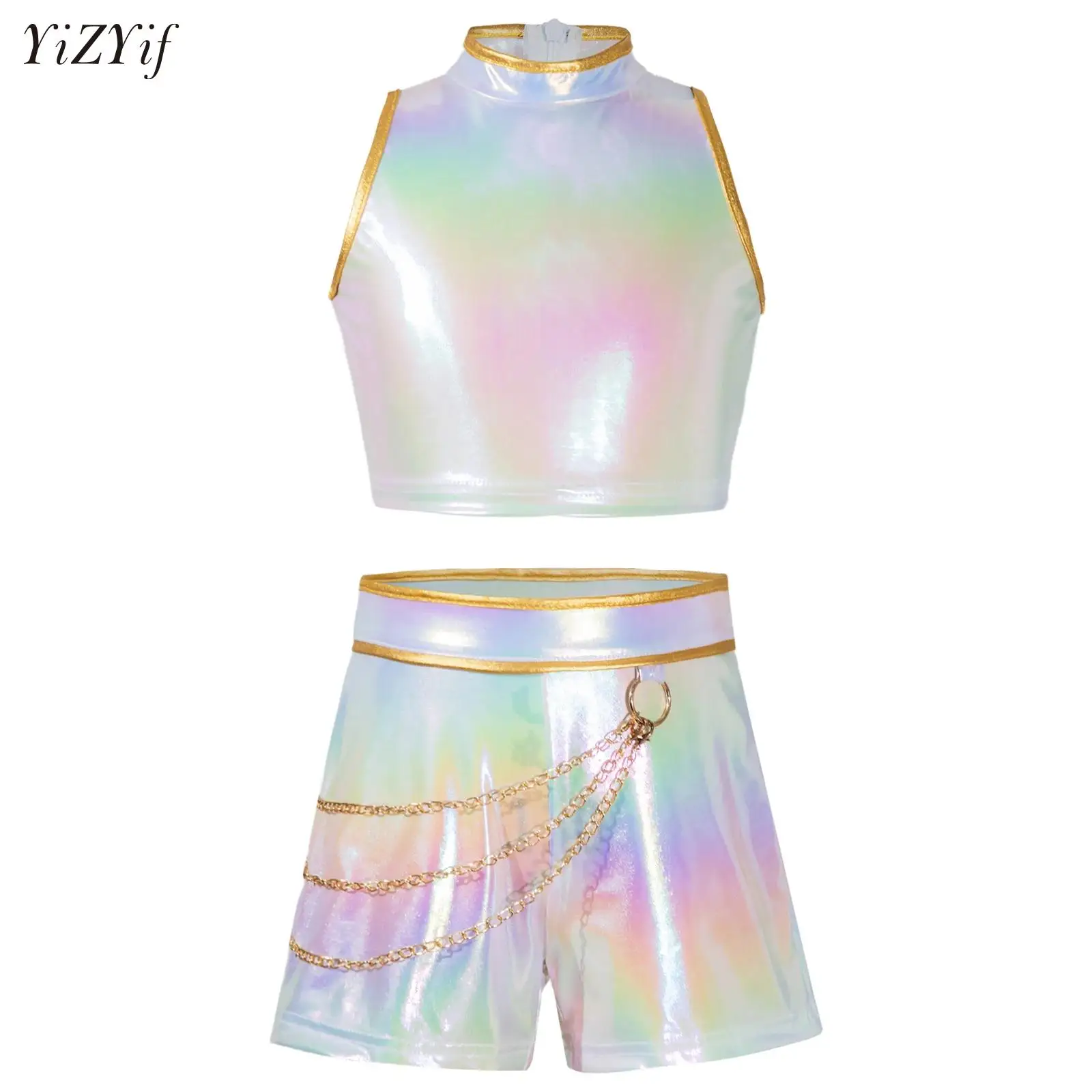 

Big Girls 2Pcs Demon Cosplay Singer Outfit Metallic Gloss Crop Top And Waist Chain Shorts Set for Halloween Theme Party Suits