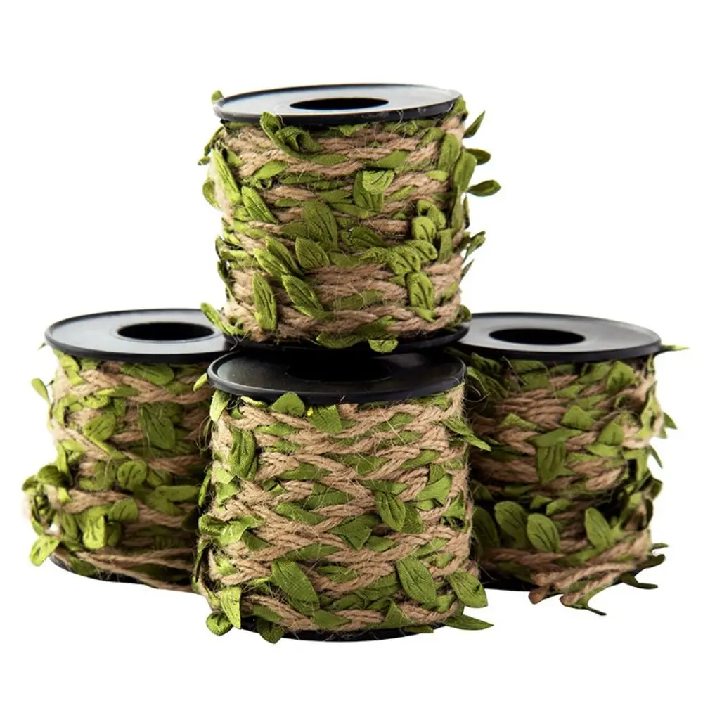 10m/Roll Burlap Leave Ribbon with Artificial Vine Green Leaves Natural Jute Twine Rope for Home Decor Wedding Party Decorations