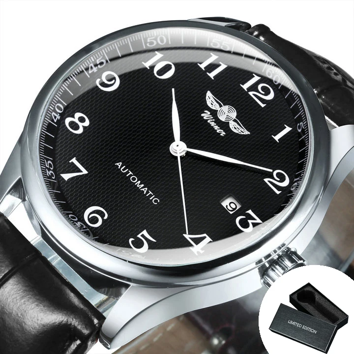 WINNER Modische Business-Armbanduhr für Herren, Kalender, klassisch, Retro, automatische mechanische Uhren, Top-Marke, luxuriöses Stahl-Lederarmband