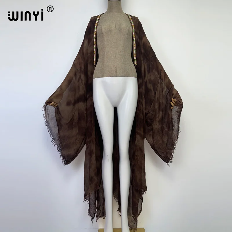 WINYI Women free size Skin-friendly soft retro tie-dye printed cardigan stitch Cocktail sexy Boho beach cover up Holiday kimono