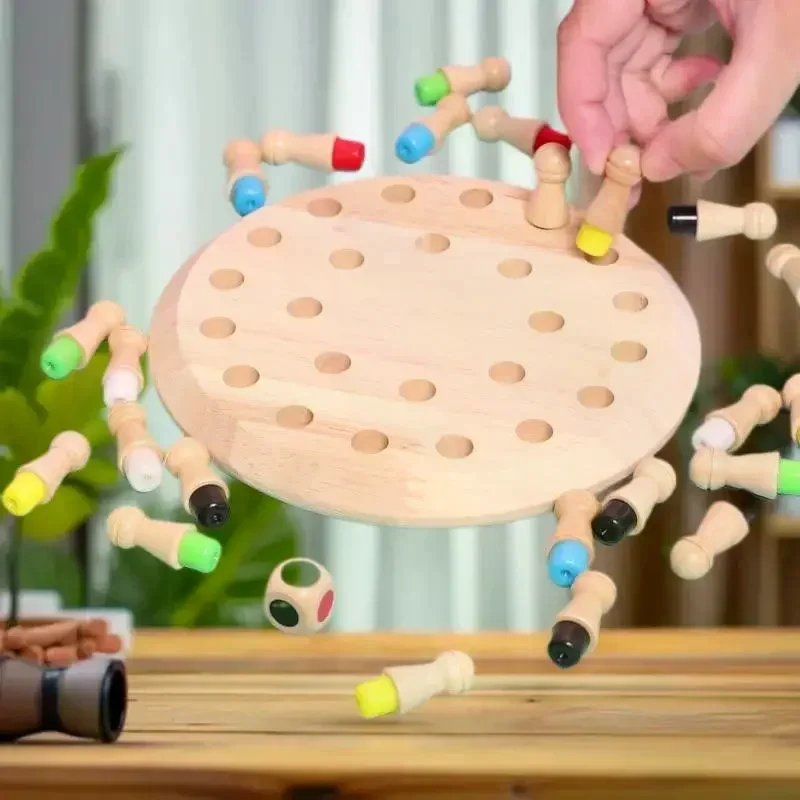 Set Juego de mesa interactivo con memoria de color con palancas de cerillas; Juguetes educativos para niños; Rompecabezas de ajedrez con memoria de madera