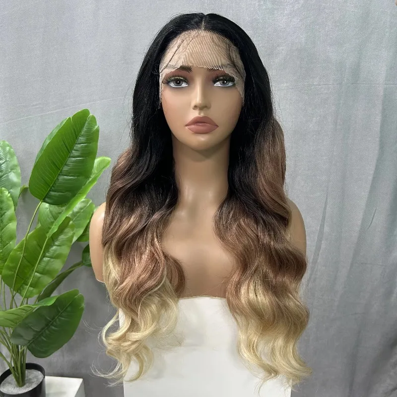 

New Long LOOSE WAVE Middle Part Lace Frontal Synthetic Hair Wigs Ombre Brown Colored Synthetic Lace Wigs