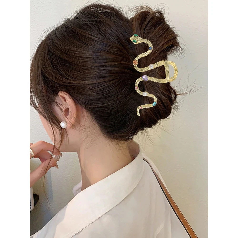 Haimeikang 10.5cm M-shaped liquid Gemstone Clip Golden Snake Hairpin Claw Women Fashion Hair Clips Hair Accessories Claw Crabs