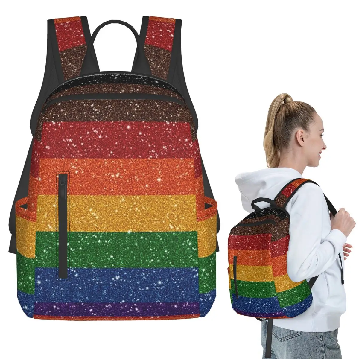 Faux Glitter Rainbow Pride Flag LGBT Gay Lesbian Backpack Student BookBag Kids School Bag Laptop Shoulder Bags Men Women