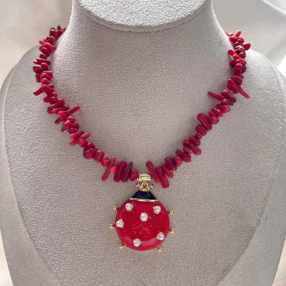 5 pcs/lot Summer Beach Natural Gemstone Jewelry Red Bamboo Coral Necklace with Ladybug Pendant Lucky Bohemian Gift for Women