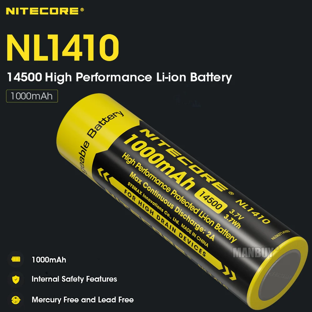 Sale Nitecore NL1410 1000mAh 3.7V 3.7Wh Protected Lithium Rechargeable 14500 Lion Battery Max2A 500Times Charge-discharge Cycles