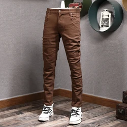 Fashion Designer Men Jeans High Quality Black Khaki Brown Stretch Slim Fit Vintage Jeans Men Korean Casual Denim Pants Hombre