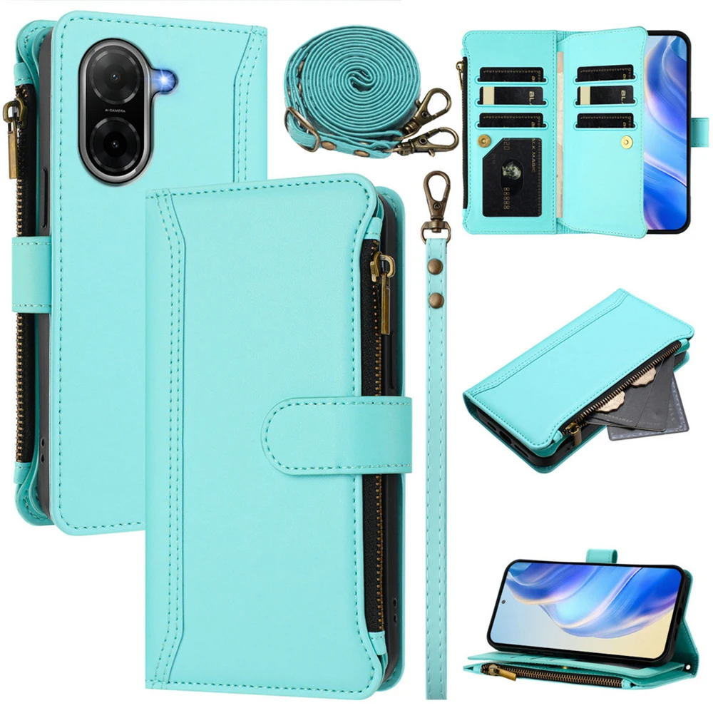 

Для Xiaomi Redmi A5 2025 флип-чехол через плечо с 9 картами на молнии, кожаный чехол для Redmi 12 13 14C 13C 12C 10C Turbo 4 Pro 3 Cover