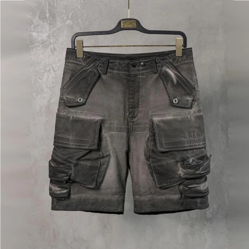HKSH Summer New Men Tide Punk Dark Washed Gray-Brown Heavy Washed 3D Deconstructed Multi-Pocket Loose Shorts Chic Capris HK26566