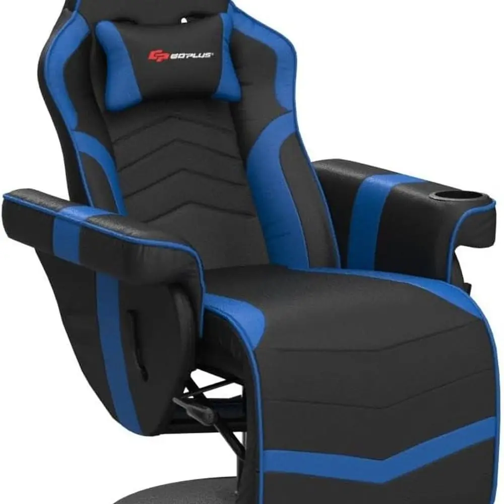 كرسي ألعاب مريح من جلد البولي يوريثان مع مساج ومسند للقدمين وحامل أكواب وجيب جانبي، أزرق داكن