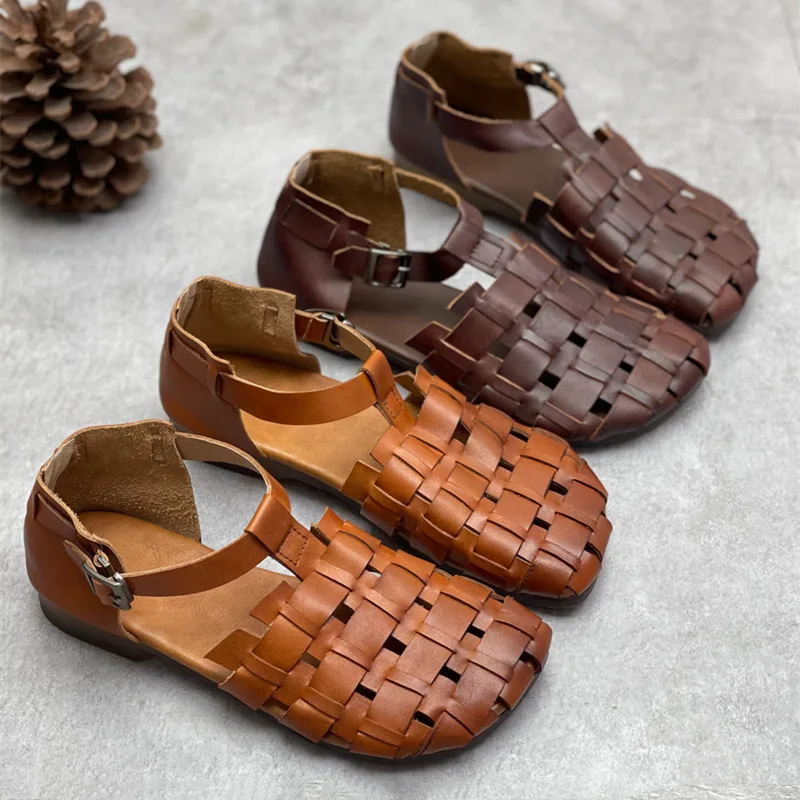 Genuine Leather Walking Shoes for Women, Round Head, Soft Bottom Buckle, Casual Sandals, Handwoven, Summer, New