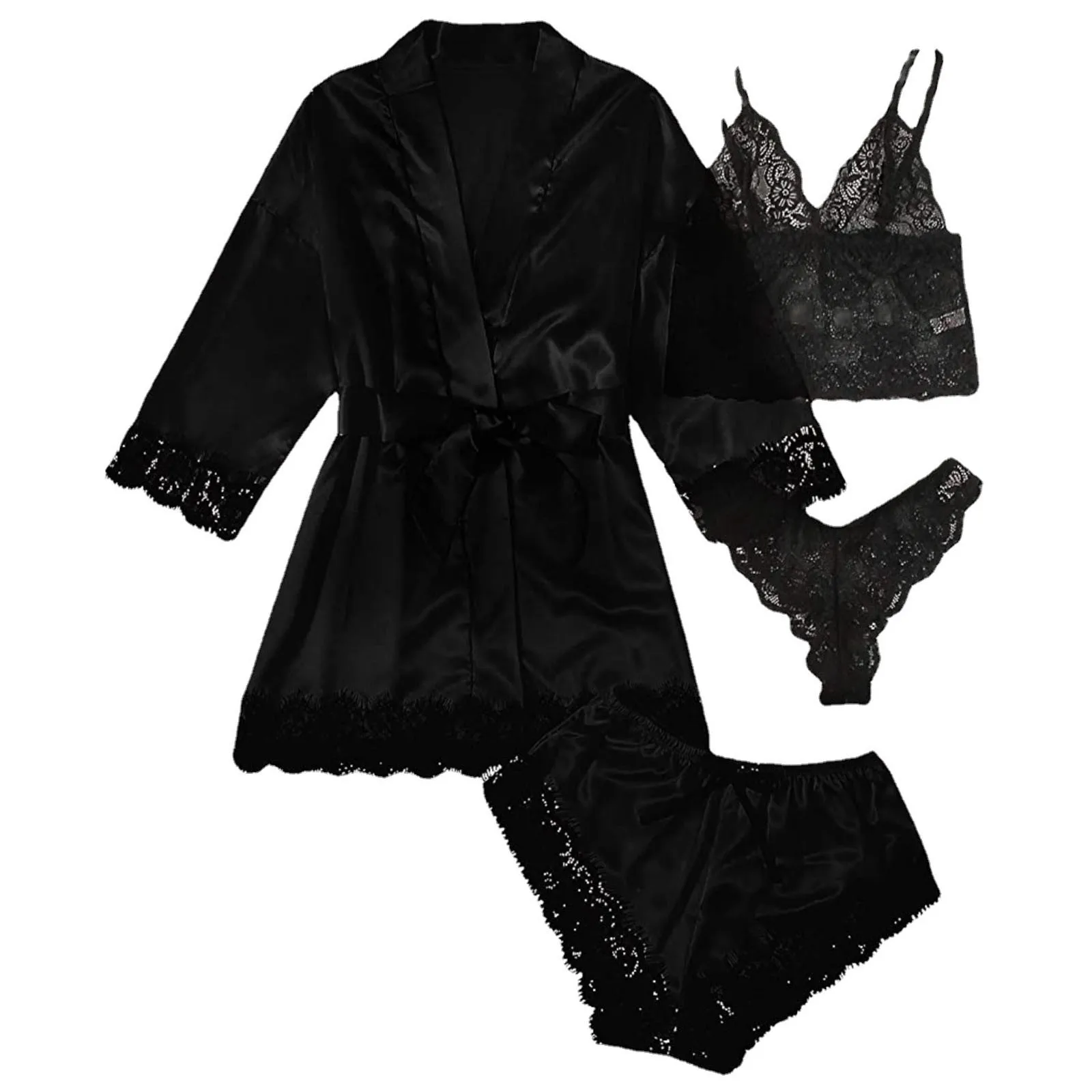 Black Sexy Women\'s Pajamas Satin 4-piece Lace Silk Suspender Tops Shorts Robe Pajamas Set Nightgown Underwear Nightdress Suit