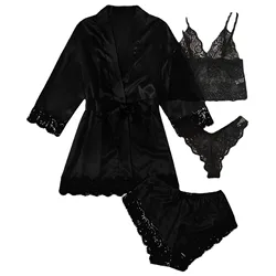 Black Sexy Women's Pajamas Satin 4-piece Lace Silk Suspender Tops Shorts Robe Pajamas Set Nightgown Underwear Nightdress Suit