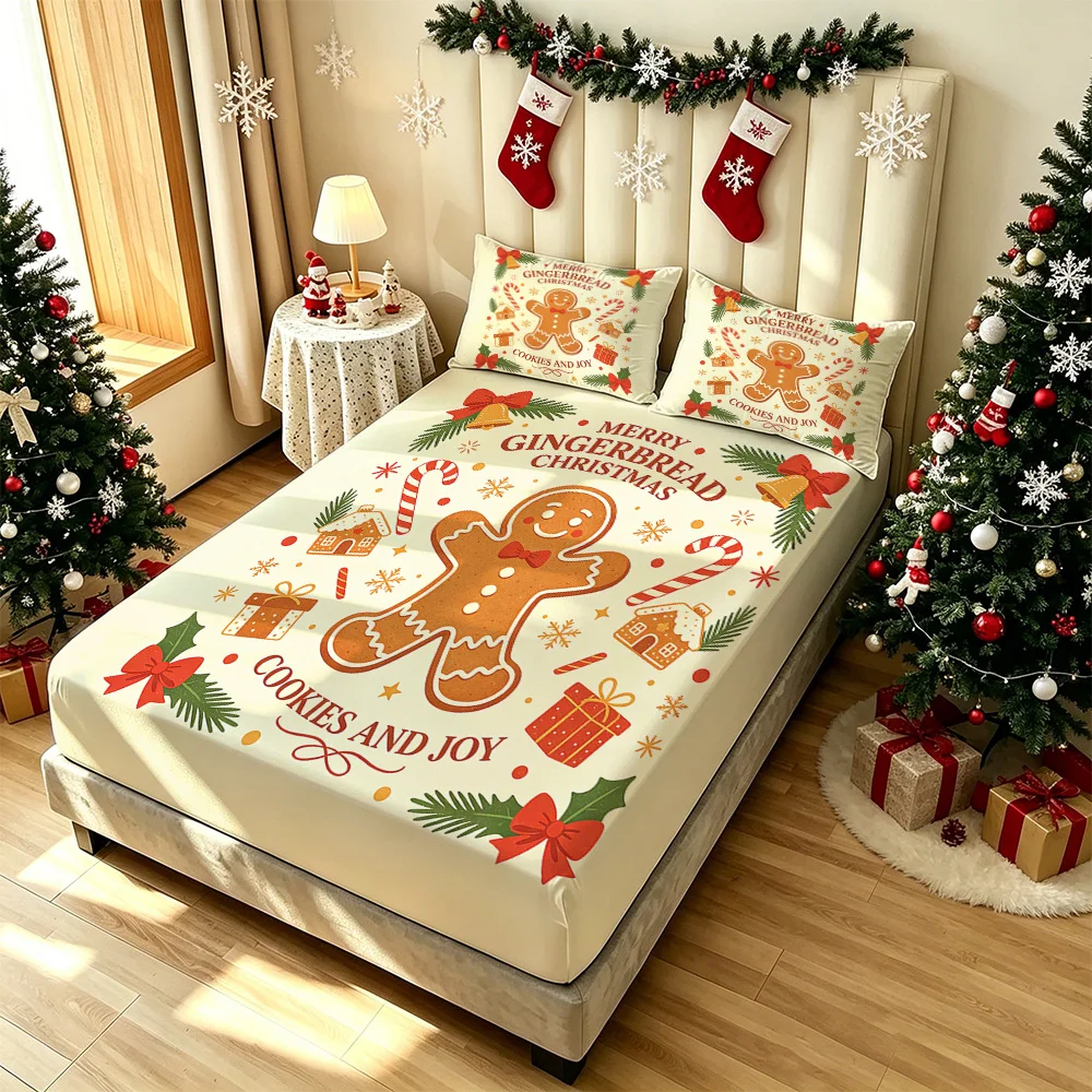3PCS Christmas Gingerbread Man Pine Needle Gift Box Printed Bed Sheet Set with No Core Bed Sheet Set, Soft Bedding for Bedroo