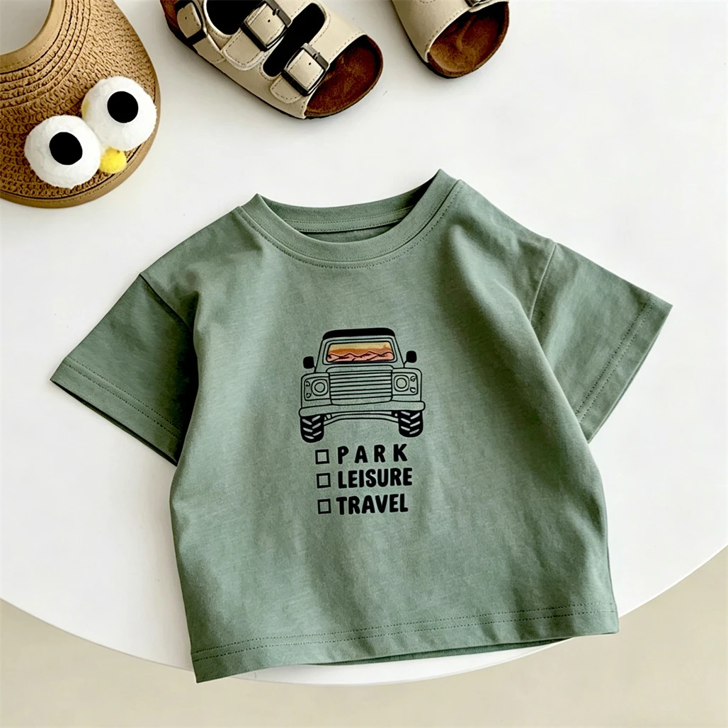 Boy Summer Trendy Clothes Short-sleeved Tops Child New Style Printed T-shirt Solid Color Versatile Base Shirt Casual Sports Tops