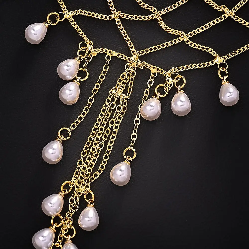 Boho Handmade Pearl Hair Chain Layered Elegant Head Jewelry Draped Chain Comfortable To Wear Mesh Headpiece Wedding